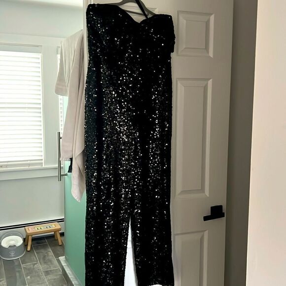 Hutch Strapless Black Sequined Jumpsuit With Bow Detail Size 8 - Picture 1 of 7